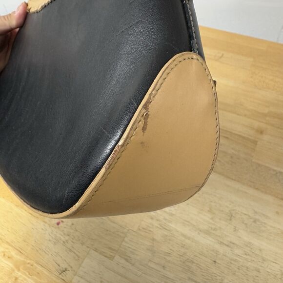 Lovecat Paris Y2K Leather Shoulder Bag 2 Tone Bow Scalloped Black Tan 90s 1990